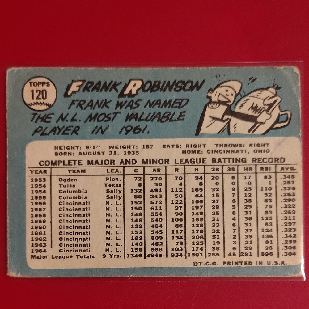 Frank Robinson 1965 Topps #120 Cincinnati Reds Baseball Card - Picture 2 of 2